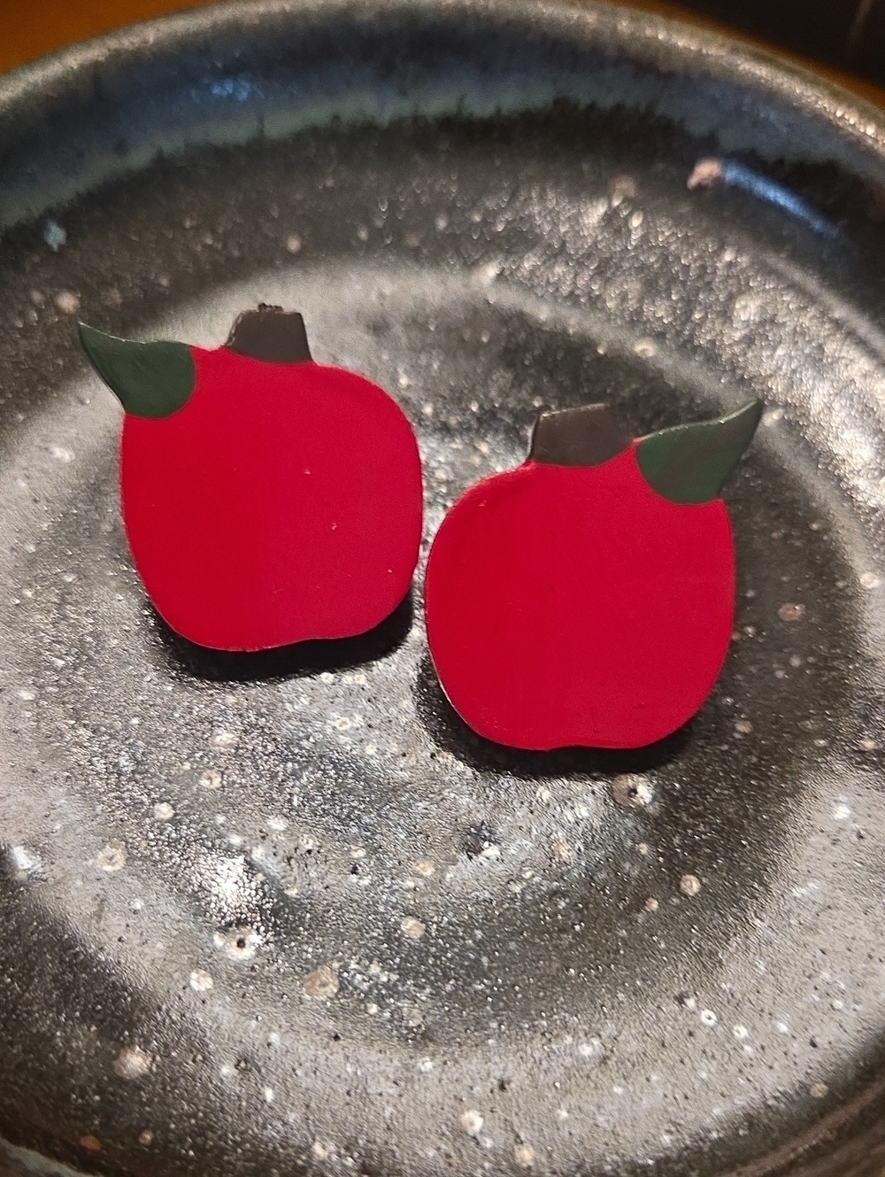 Vintage Red Apple Stud Earrings with Green Leaf Accents